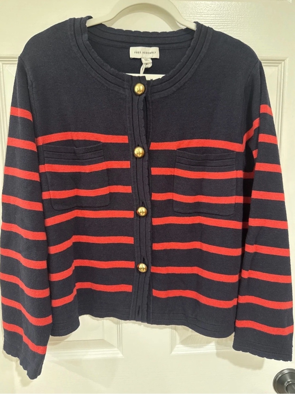 Free Assembly 2XL Cropped Button Up Cardigan Sweater Navy/Coral Stripe SEE NOTE